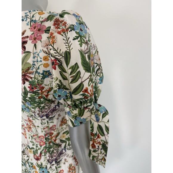 Dainty Floral Mini Dress linen floral Botanical Print Puff Sleeve 4 XS - Picture 9 of 16